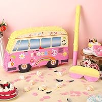 Vista 3 de Groovy Bus Pinatas para fiesta de cumpleaños, piñata de autobús hippie con murciélago con palo de ojos vendados, confeti arco iris, retro, boho