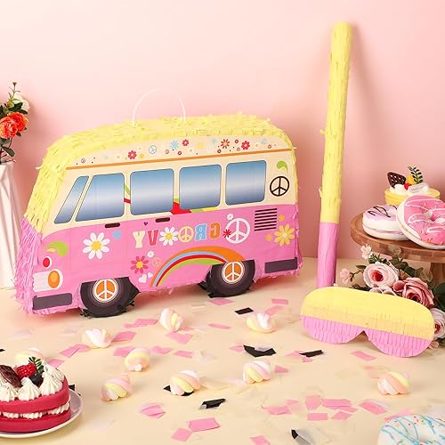 Miniatura 3 de Groovy Bus Pinatas para fiesta de cumpleaños, piñata de autobús hippie con murciélago con palo de ojos vendados, confeti arco iris, retro, boho,