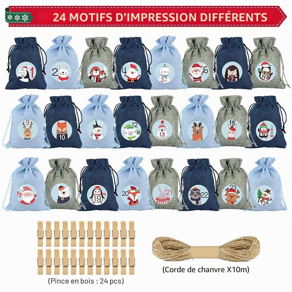 Sprinlot 24 Calendrier de l'Avent à Remplir, Sac en Tissu de Calendrier de l'Avent, Calendrier de Noël Sachets ​en Jute, Sacs Calendrier Surprise pour Noël, Calendrier de l'avent Sachet