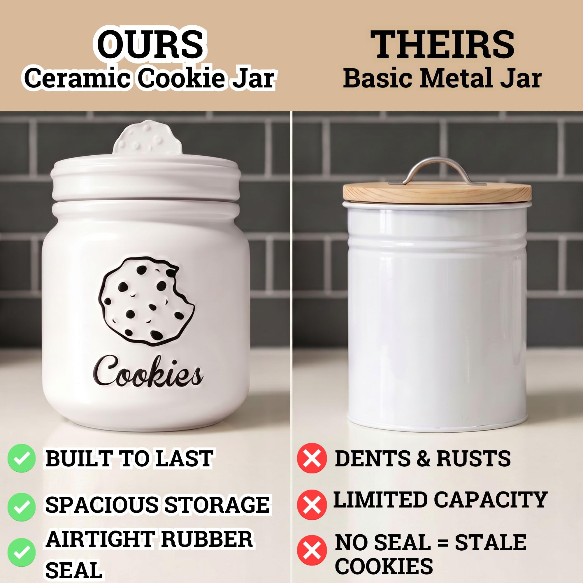Bocal à biscuits hermétique – 15,2 x 20,3 cm (l x H) – Grand pot à biscuits en céramique blanc mat avec couvercles hermétiques – Grand pot à biscuits de ferme avec couvercles hermétiques