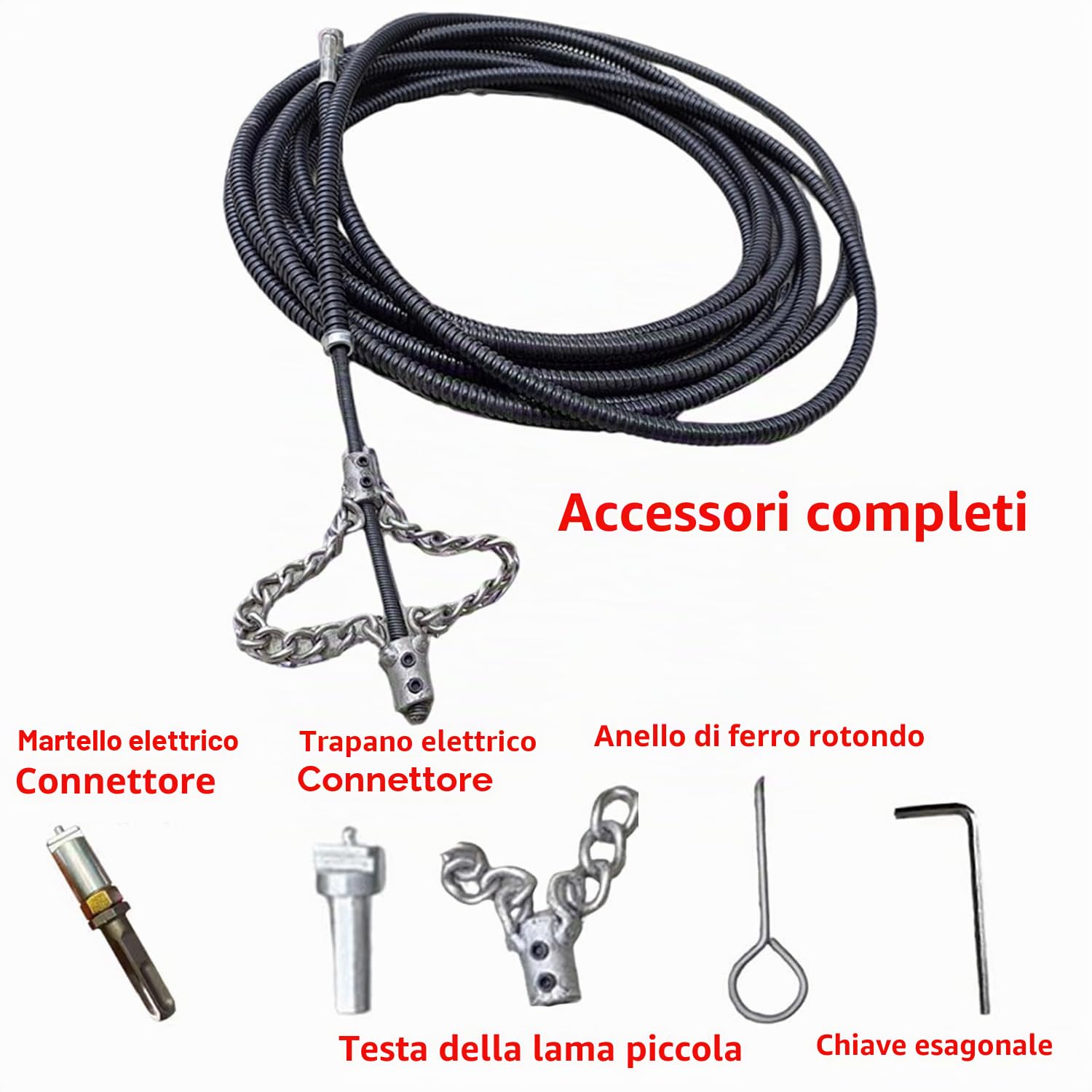 Potente strumento a catena con albero flessibile per decalcificazione delle fogne, rimozione di intasamenti di scarico alimentato da trapano per scarichi WC trappole per grasso caldaie