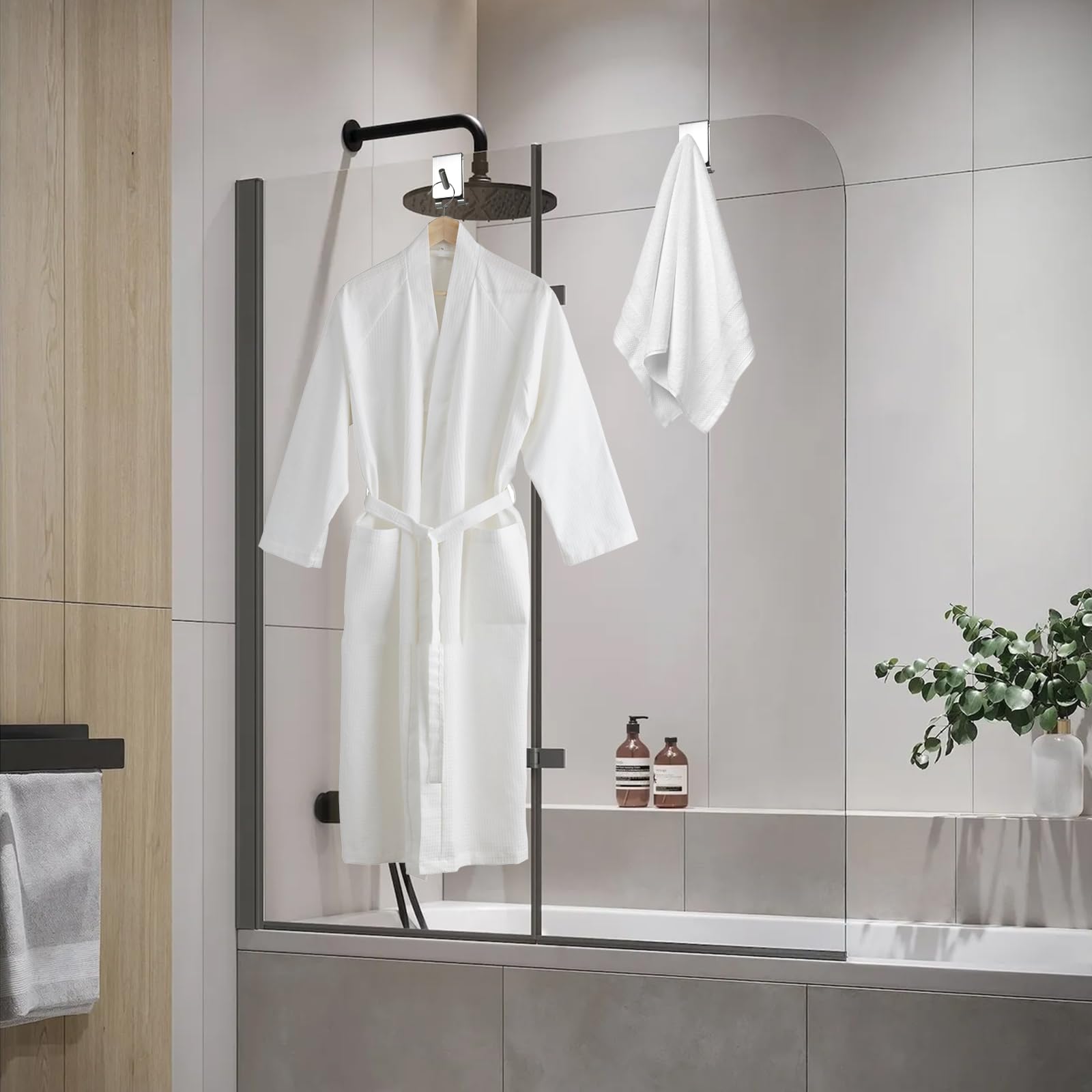 2 Piezas Ganchos Mampara Ducha, Colgador Toalla Mampara Ducha con Almohadilla de EVA, Perchas Baño sin Taladro de Acero Inoxidable, Apta para Vidrios sin Marco de 5-10 mm (Plateado)