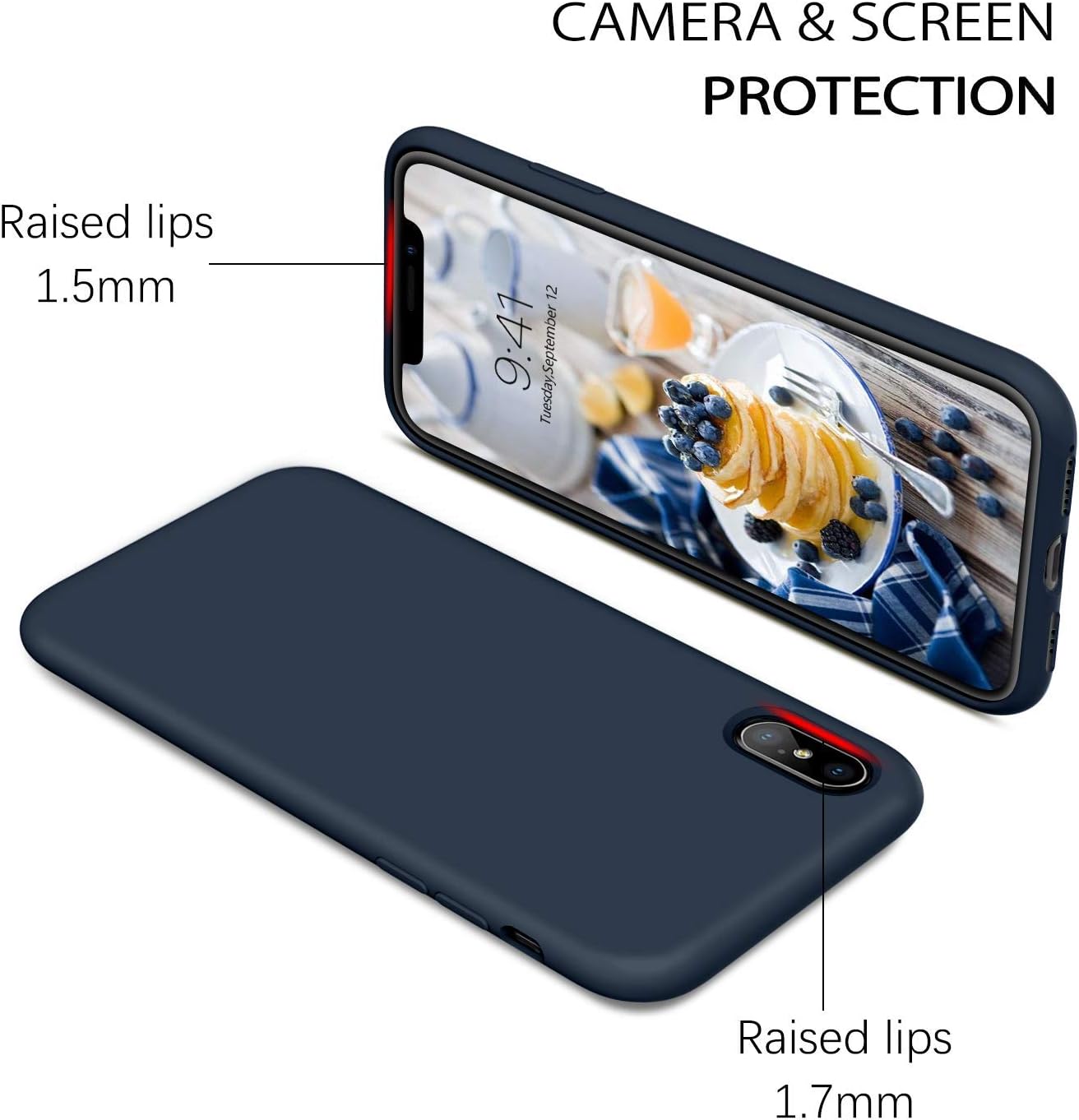 DUEDUE iPhone Xs Case, iPhone X Case, Liquid Silicone Soft Gel Rubber Slim Cover Microfiber Cloth Lining Cushion Shockproof Full Body Protective Case for iPhone X/iPhone Xs, Midnight Blue