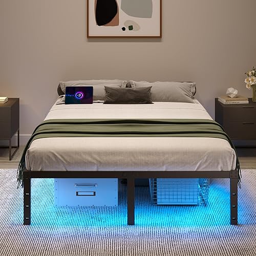 Miniatura 6 de Base de cama Queen con luces LED y estación de carga, marco de cama de plataforma de metal resistente de 14 pulgadas, no necesita somier, fácil