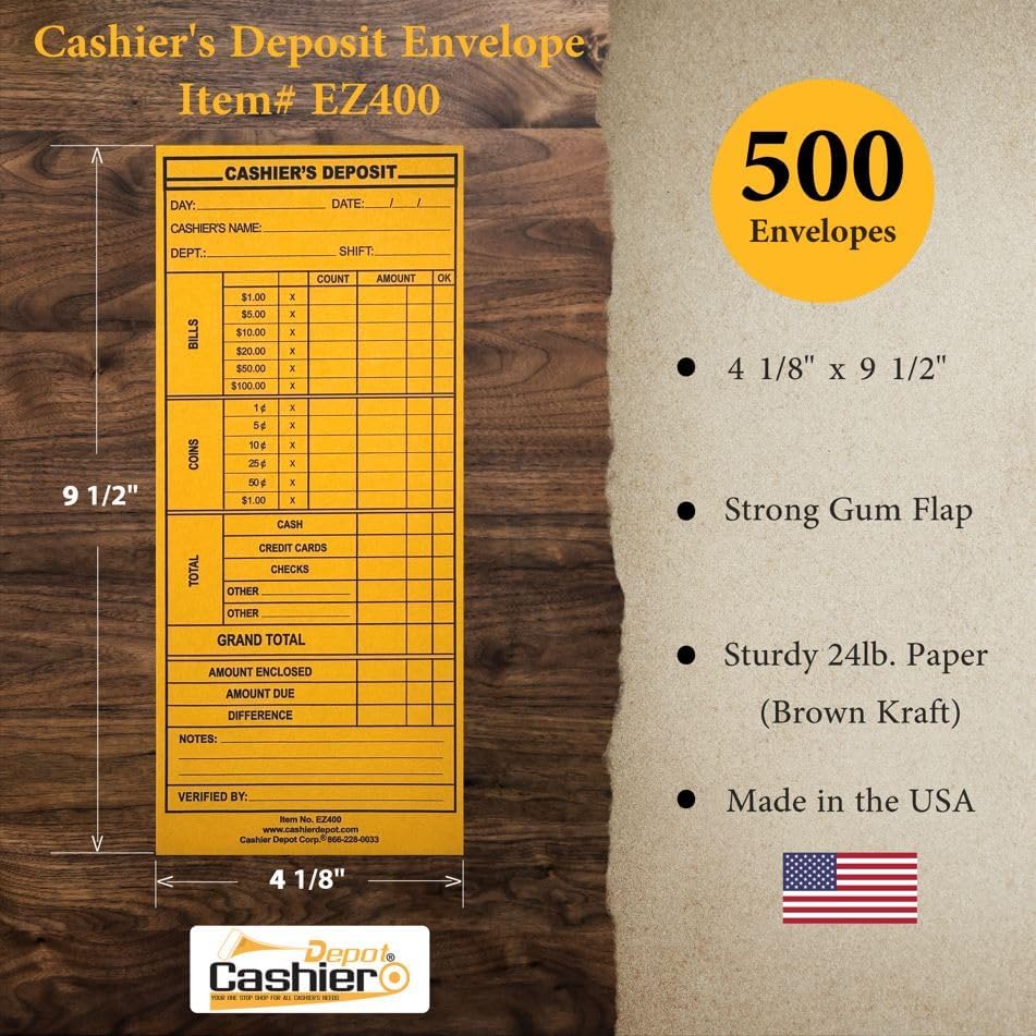 Miniatura 2 de 500 Cashier Depot EZ400 - Sobres para informe de depósitos de cajero, 4 18 x 9 12 pulgadas, resistente 24 libras, papel kraft marrón, sobres de