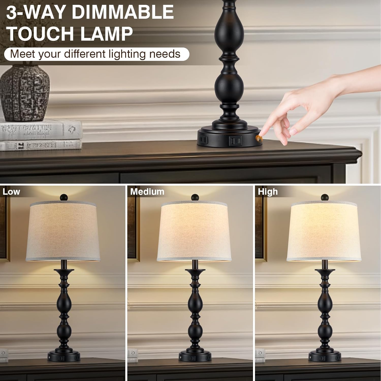 28" Black Modern Table Lamps Set of 2 with USB C+A Ports and AC Outlet, 3 Way Touch Control Tall Bedside Lamps for Bedroom, Metal Farmhouse Nightstand Lamps for Living Room