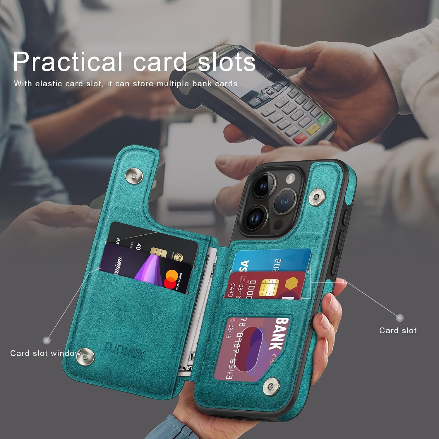 DJDUCK Designed for iPhone 14 Pro Max Case Wallet with Card Holder, [Magnetic Clasp Cover] [RFID Blocking Leather Protection] Shockproof Women Men Cases 6.7 Inch for Apple 14 Pro Max Blue Green image 3