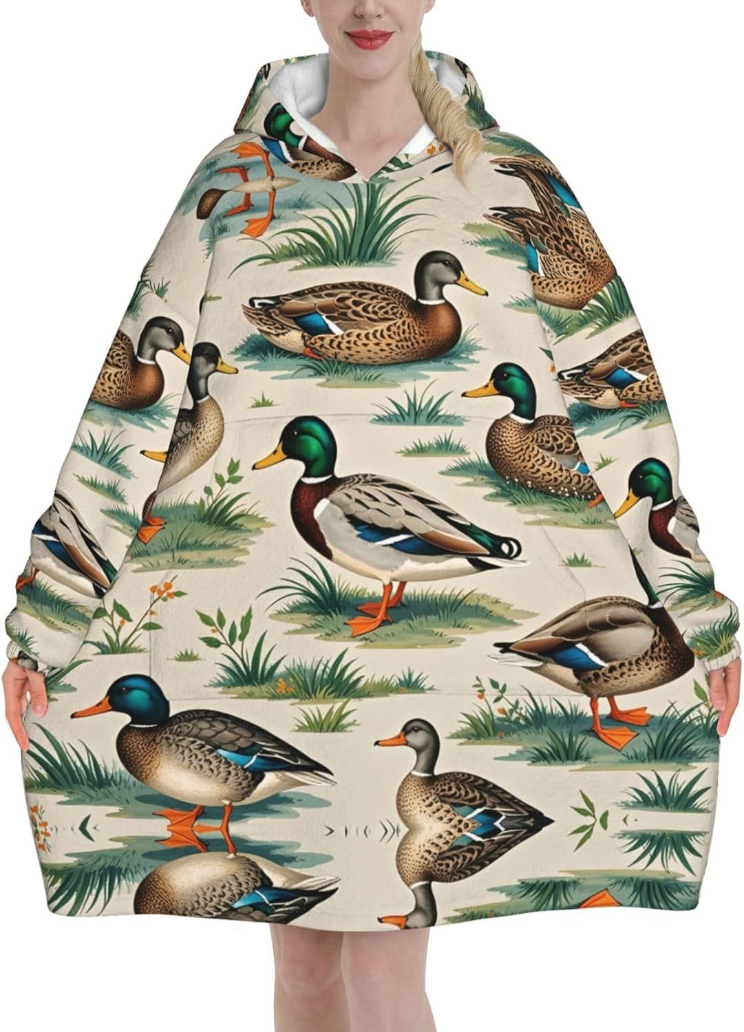 Mallard Ducks Print Blanket Hoodie Fleece Sweatshirt Blanket With Sleeves And Pockets