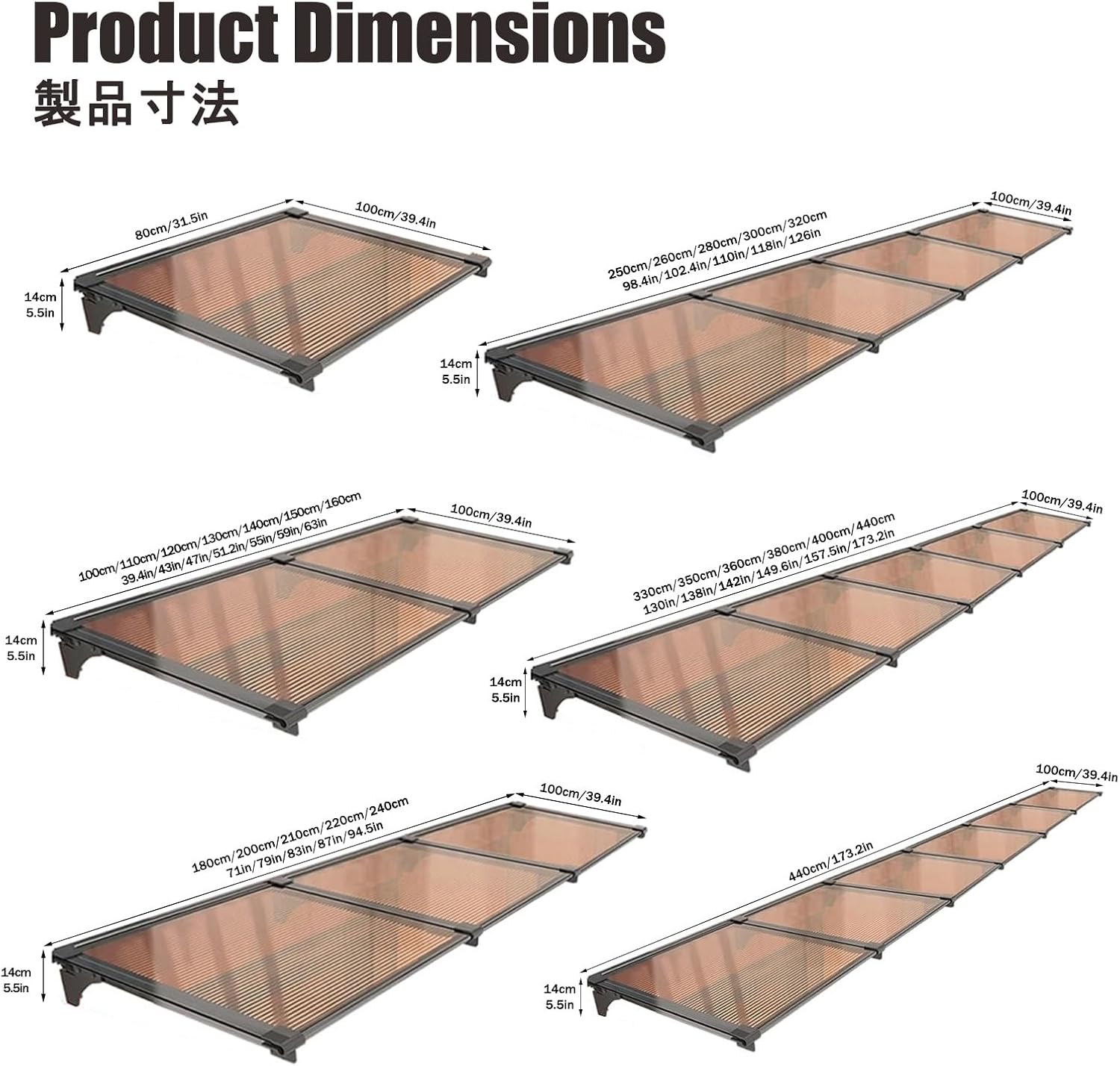 Door Overhang，Window Awnings Exterior，Clear Door Awning Patio，Sturdy and Stable, Easy to Install, Suitable for porches, Windows, entryways, and Balconies.(100 * 330cm/39.4 * 130in)
