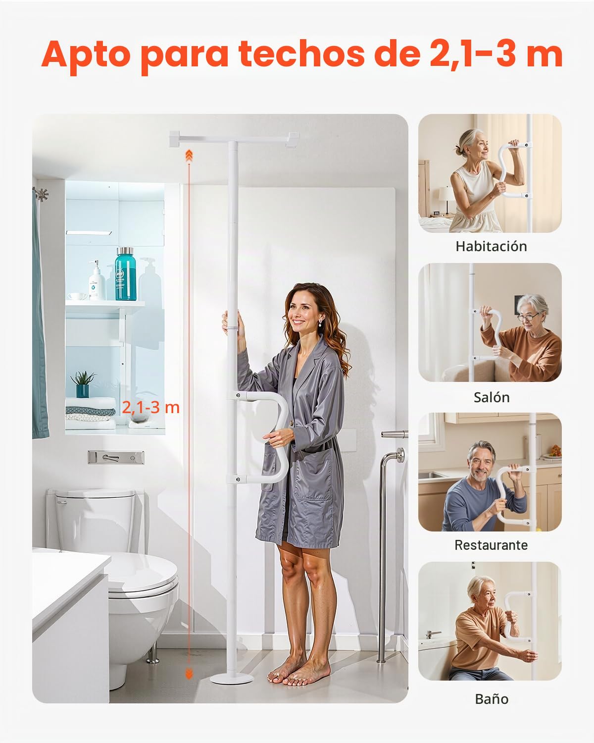 VEVOR Barra de Transferencia de Piso a Techo para Baño con Montaje a Tensión y Mango Curvo Antideslizante, con Capacidad de 136 kg para Personas Mayores, para Techos de 2140-3050 mm, Blanco