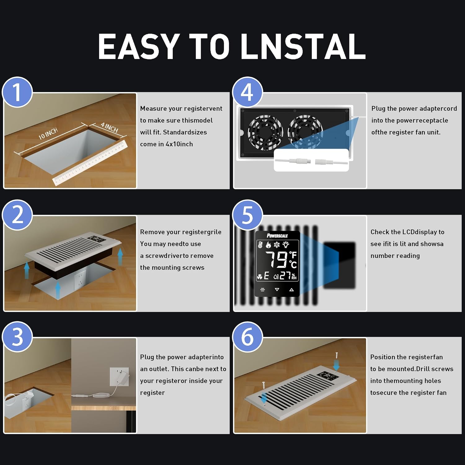 PowerScale 4" x 10" Smart Vent Air Booster Register Fan with Humidity Temeperature Sensor Register Fan with LCD Display Touchscreen Ceiling Register Booster for Efficient HVAC Air Boosting
