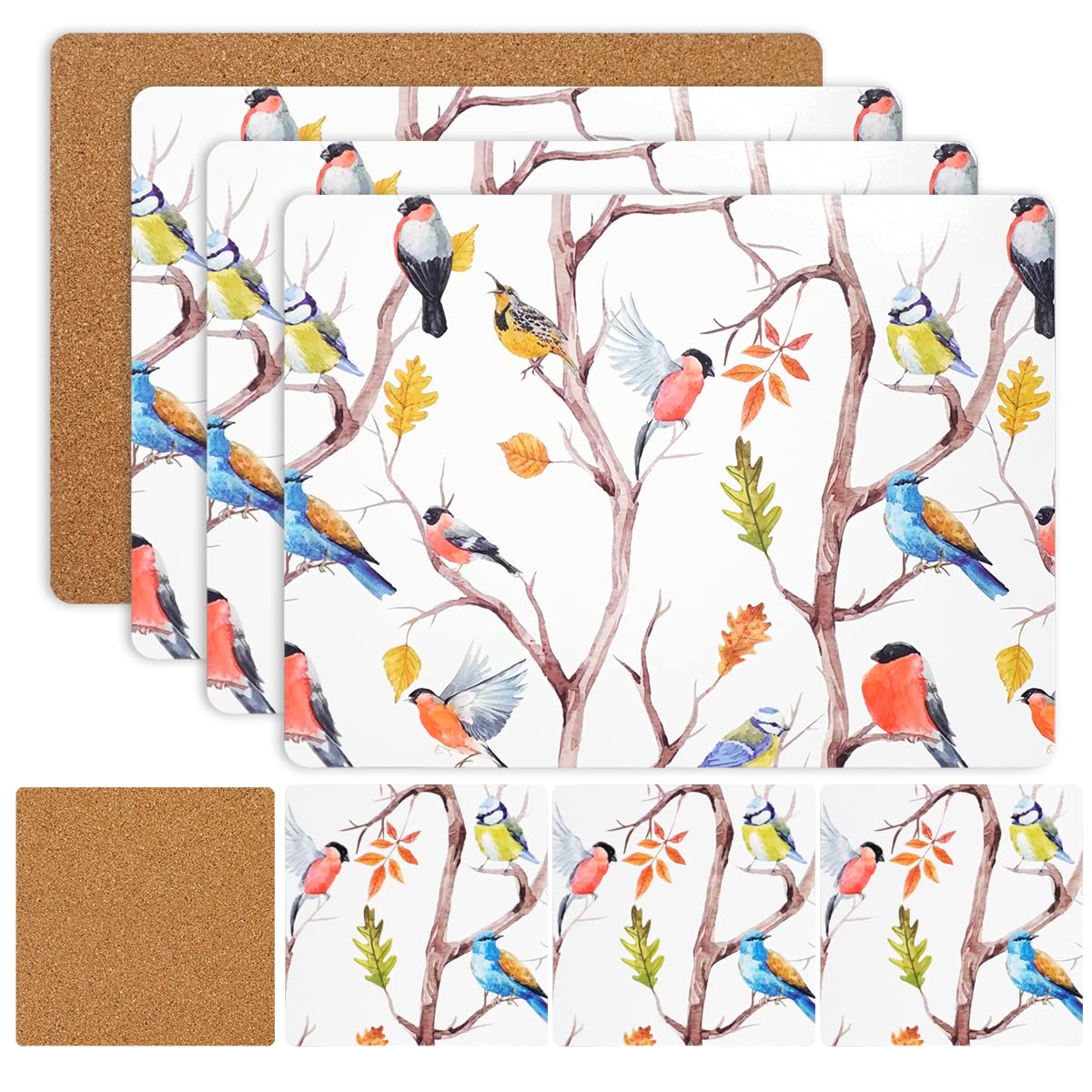 Sixsigma Sports Spring Birds Placemats & Coasters Set Heat Resistant Cork Placemats Table Mats For Dining Kitchen Place Mats Set Of 8 - Ideal Table Christmas Decorations 21.5 X 29Cm (Spring Birds)