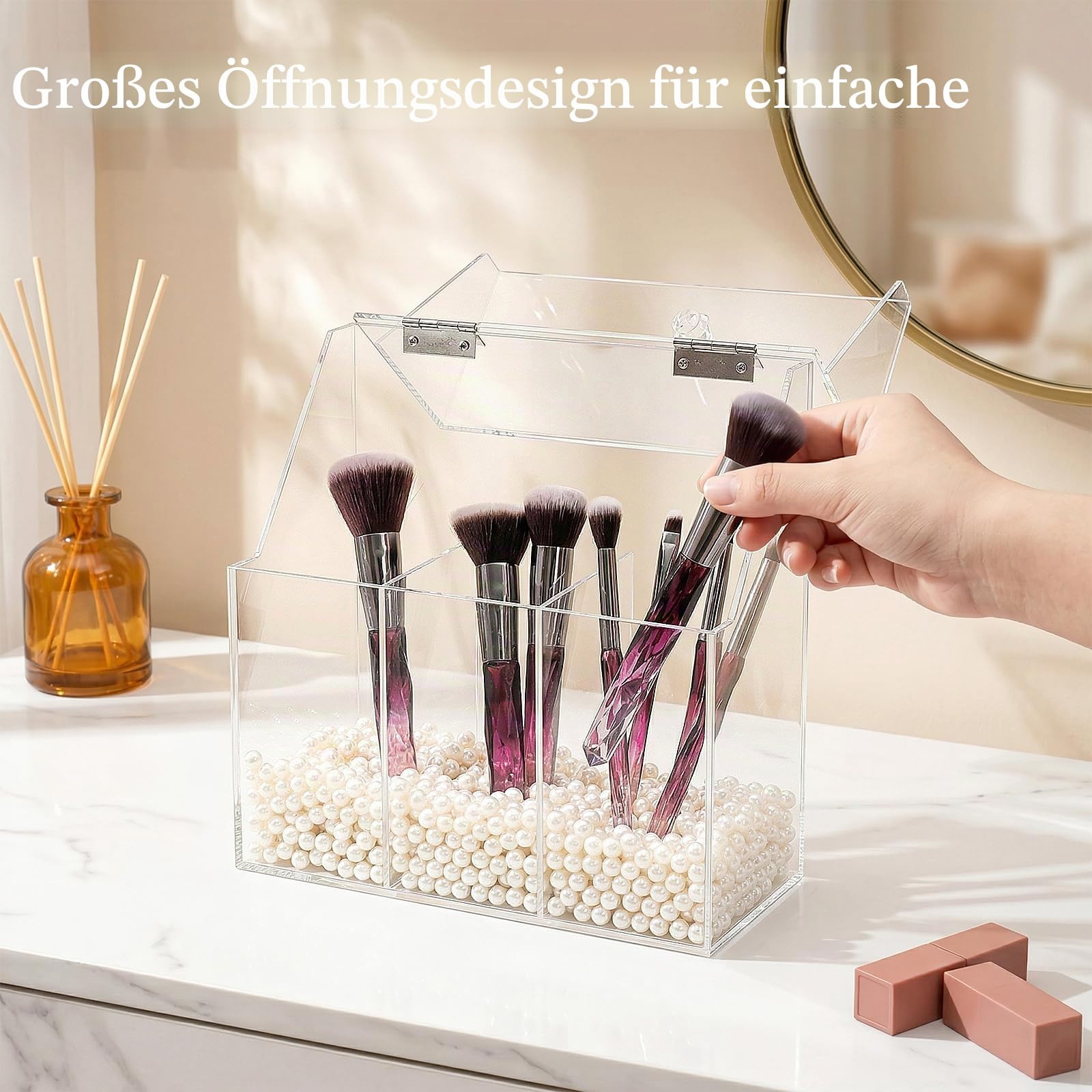 Okllen Make-up-Pinselhalter mit Staubdichtem Deckel, Weiße Perlen, Transparenter Acryl-Make-up-Pinsel-Organizer mit 3 Fächern, Kosmetikpinsel-Aufbewahrungsbox für Waschtisch, Badezimmer, Schlafzimmer
