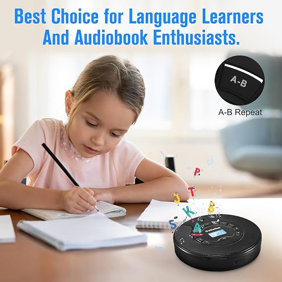 Gelielim Portable CD Player, CD Player for Car with Bluetooth and FM Transmitter, CD Music Player with Dual Stereo Speakers, Anti-Skip Protection, AUX/USB Port, 2000mAh Rechargeable Battery