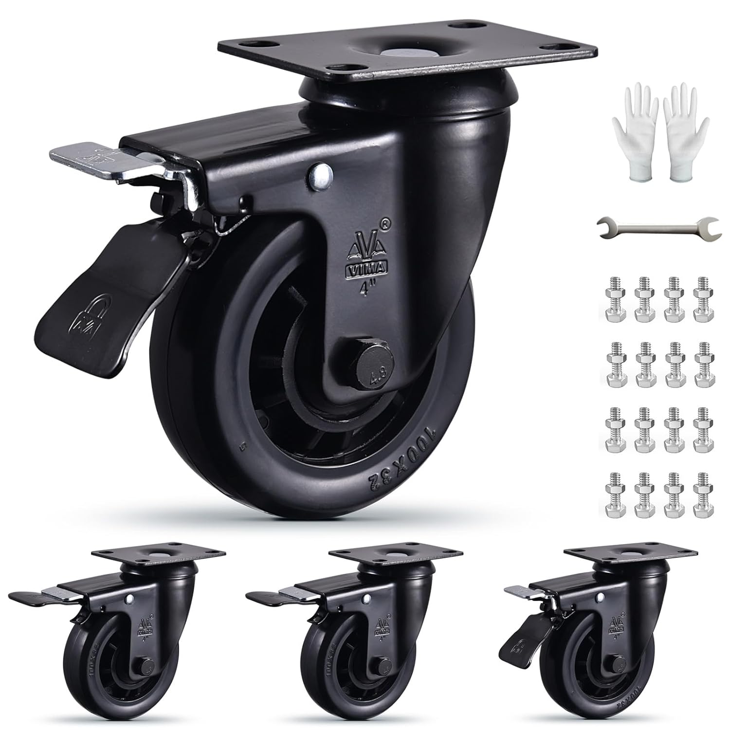 4 Inch Heavy Duty Caster Wheels Set of 4 Black Swivel Casters 2200Lbs Load Capacity Silent Elastic Rubber Wheels Industrial Plate Castors with Brake for Cart Furniture Workbench All 4 with Brakes