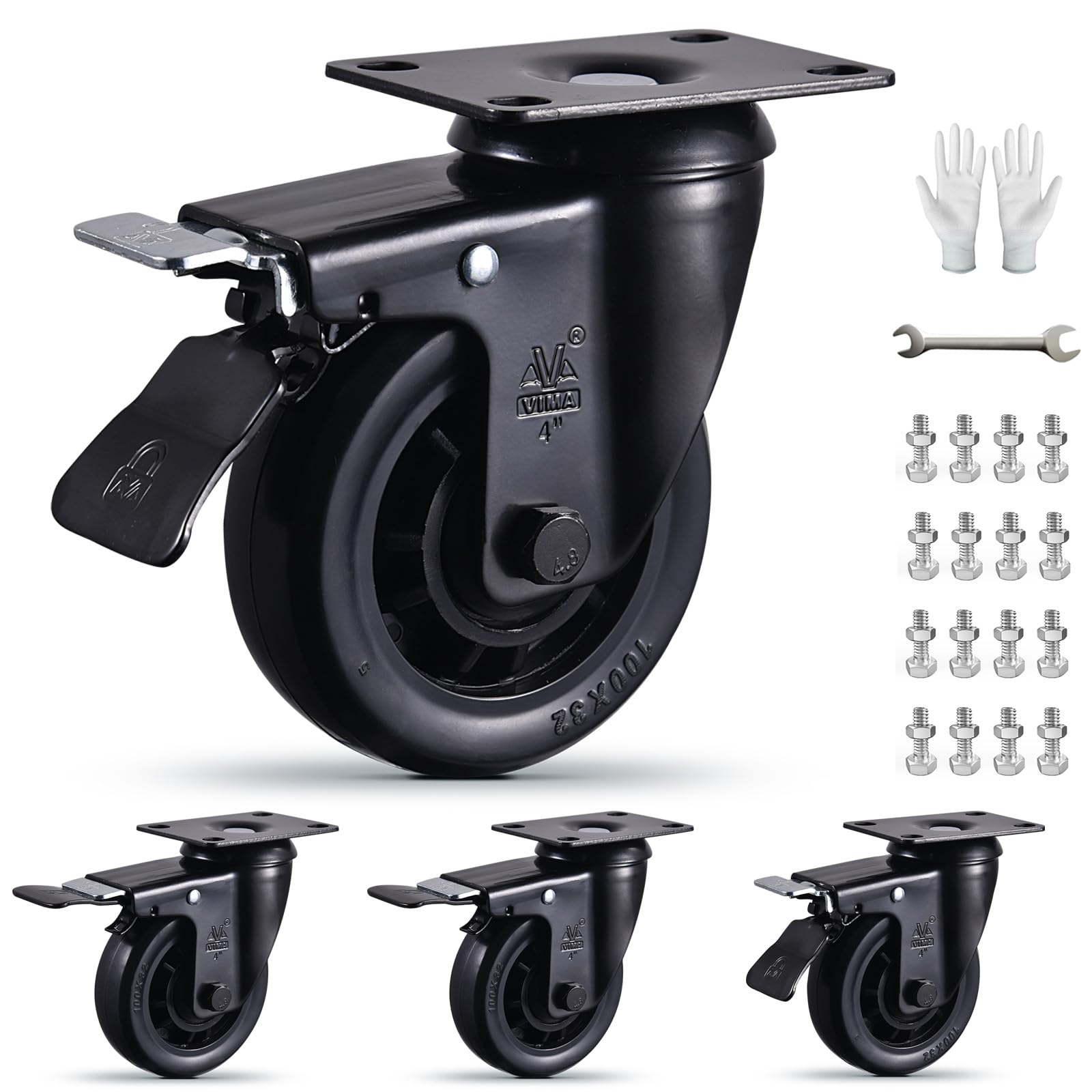 4 Inch Heavy Duty Caster Wheels Set of 4 Black Swivel Casters 2200Lbs Load Capacity Silent Elastic Rubber Wheels Industrial Plate Castors with Brake