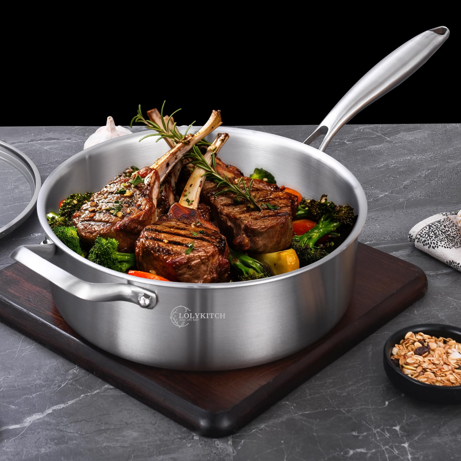 LOLYKITCH Sartén de acero inoxidable de tres capas de 7 cuartos con tapa, sartén de 12 pulgadas de profundidad, sartén grande, olla jumbo, sartén de inducción, apta para horno y mango desmontable.