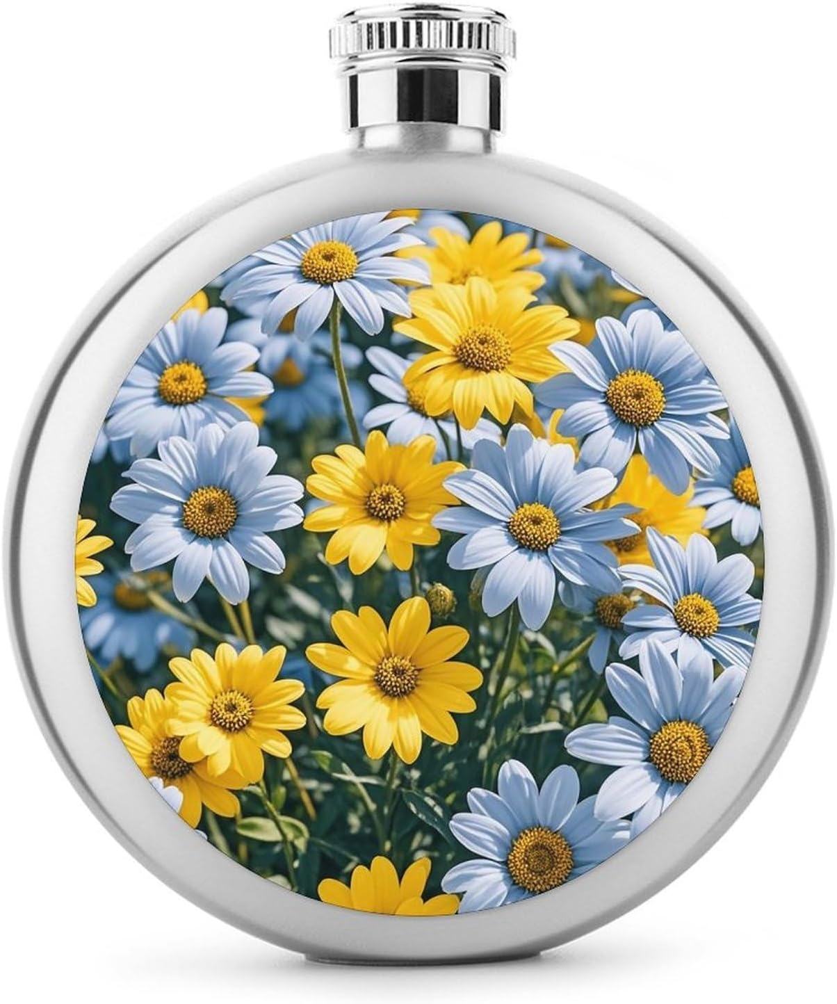 Blue And Yellow Flowers Stainless Steel Flagon to 5 Oz with Screw Cap,Hip Flask for Men–Whiskey & Liquor Pocket Flask,Alcohol Flagon for Camping Drink Sports Outdoor Wine Bottle