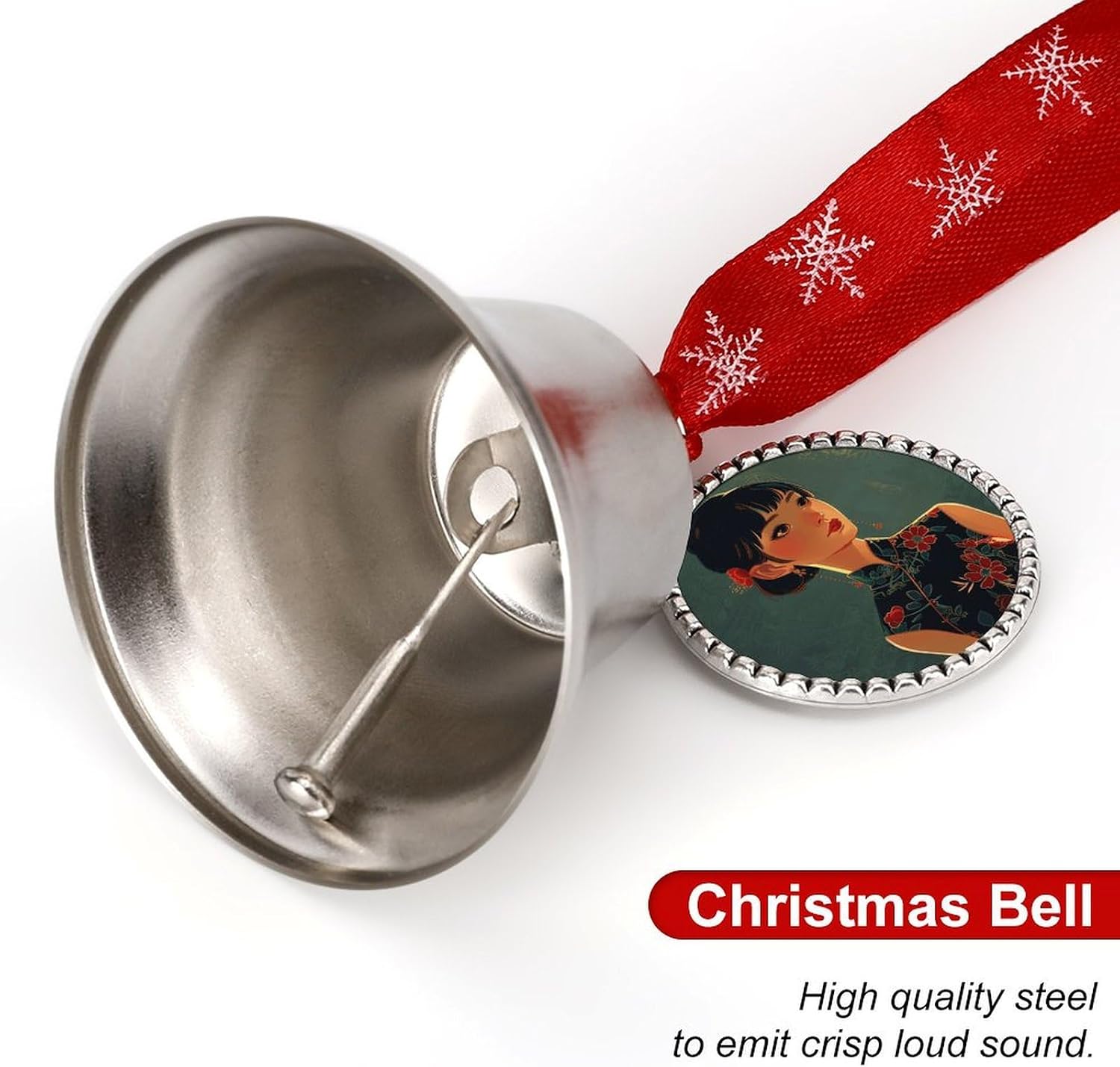 Christmas Bell Asian Women Style Jingle Bell with Love Pendant Christmas Ornament Metal Vintage Bells Christmas Tree Hanging for Holiday Party Decoration
