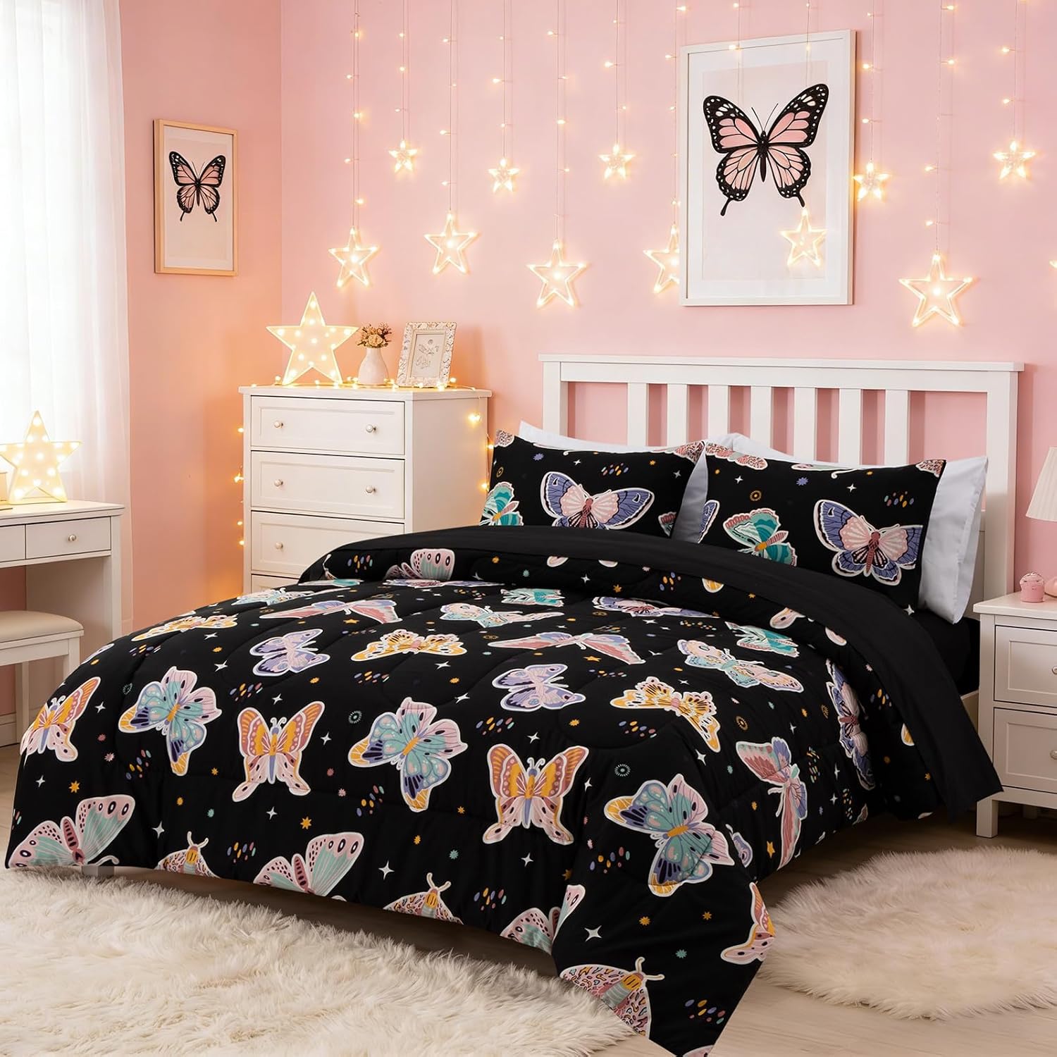 Aimuan Butterfly Glow in the Dark Comforter Set Kids Butterflies Bedding Set Super Soft & Cute Animals Printed for Boys Girls Teen (Black, Twin 5Pcs)