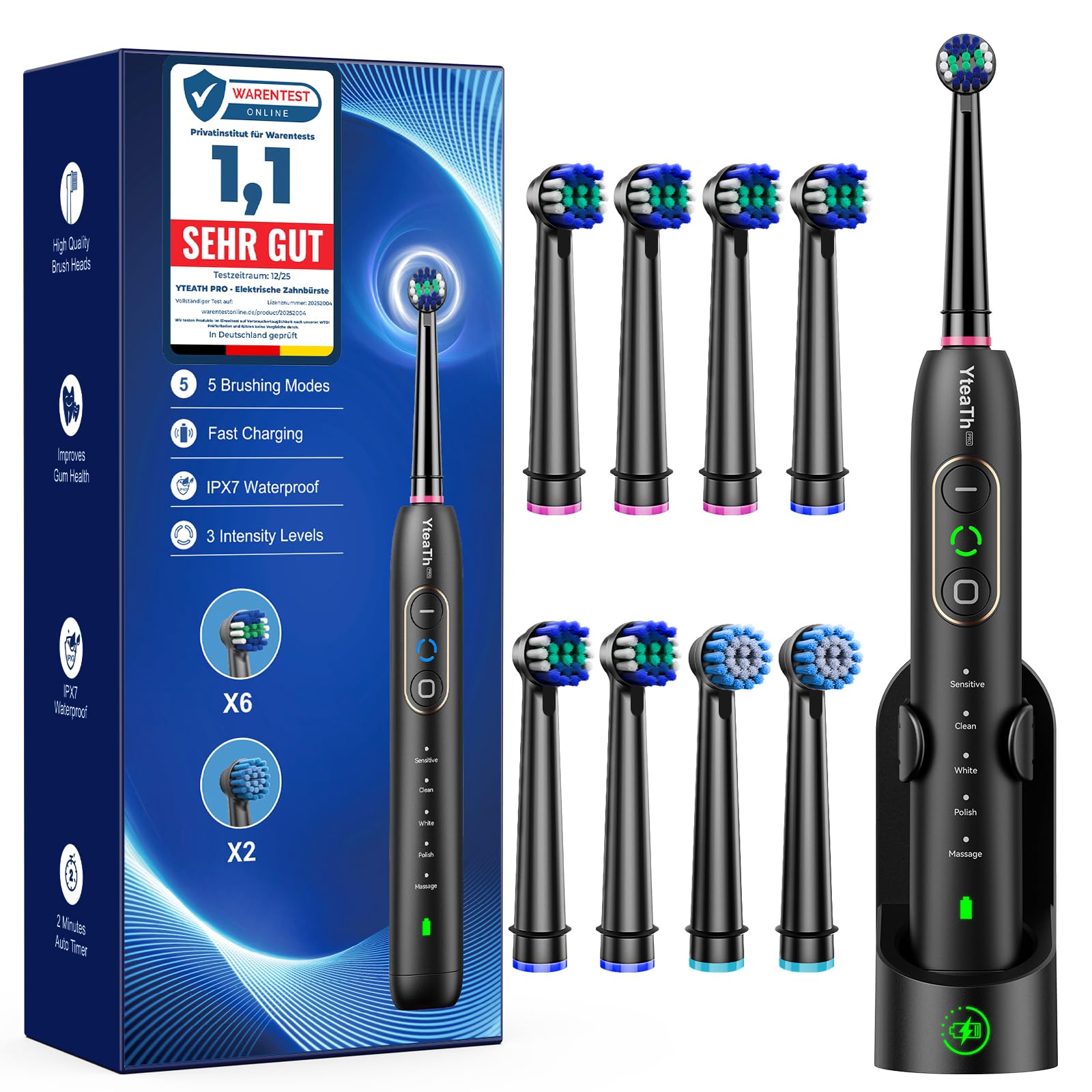 YTEATH PRO Rotating Electric Toothbrushes - 8 Toothbrush Heads, 5 Brushing Modes, 3 Intensity Levels, IPX7 Waterproof, Wall Mount Charging Station, 2 Minute Timer