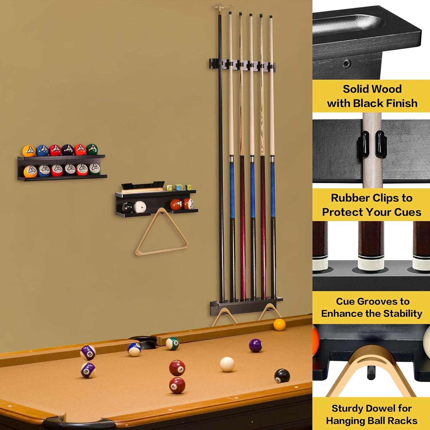 GOOX Pool Stick Holder Wall Mount - 100% Wood Cue Rack for 6 Sticks and Billiards Accessories, Table Organizer Set