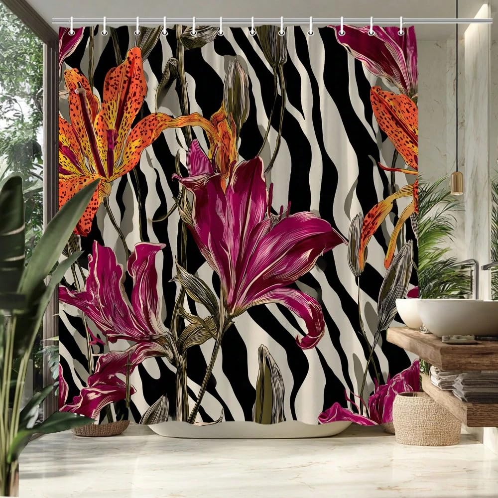 GLKSDLPO Floral Zebra Print Shower Curtain Elegant Lily Flowers And Striped Background Bathroom Decor Bath Curtain For Tub Separation(91x198cm/36x78in(WxH)
