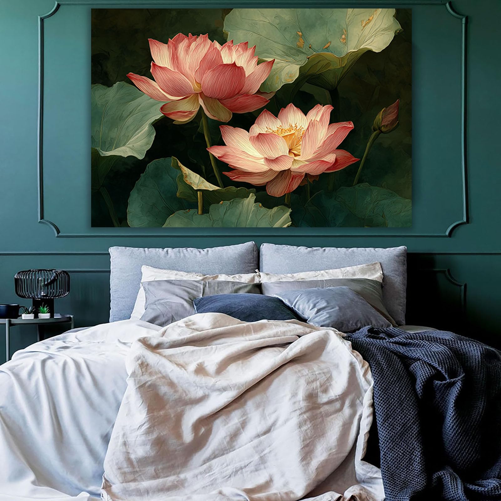 ZAMAEIU Semplice arte botanica Stampe su Canvas Foglie di loto rosa per Camera da Letto Agriturismo Soggiorno Bagno(rosa)-60x90cm Incorniciato
