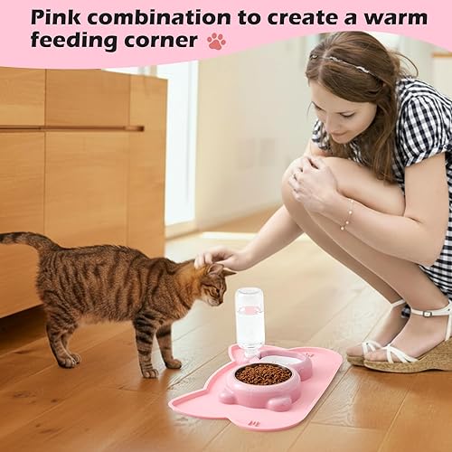 Miniatura 7 de Juego de cuenco de comida y agua para gatos rosa y tapete de silicona antideslizante, cuenco de comida de acero inoxidable con dispensador de agua