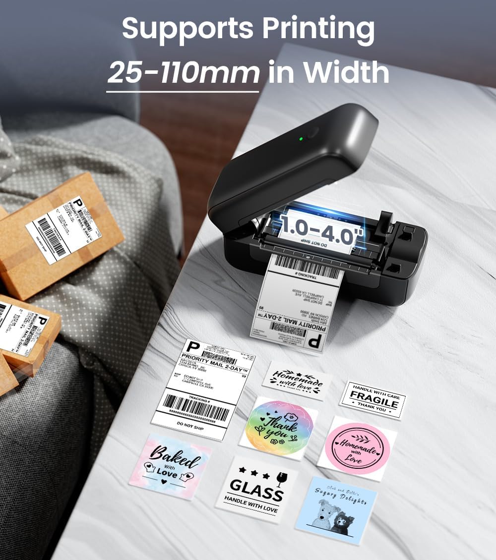 Phomemo PM-246S-BT printer with labels being loaded, showing label width support