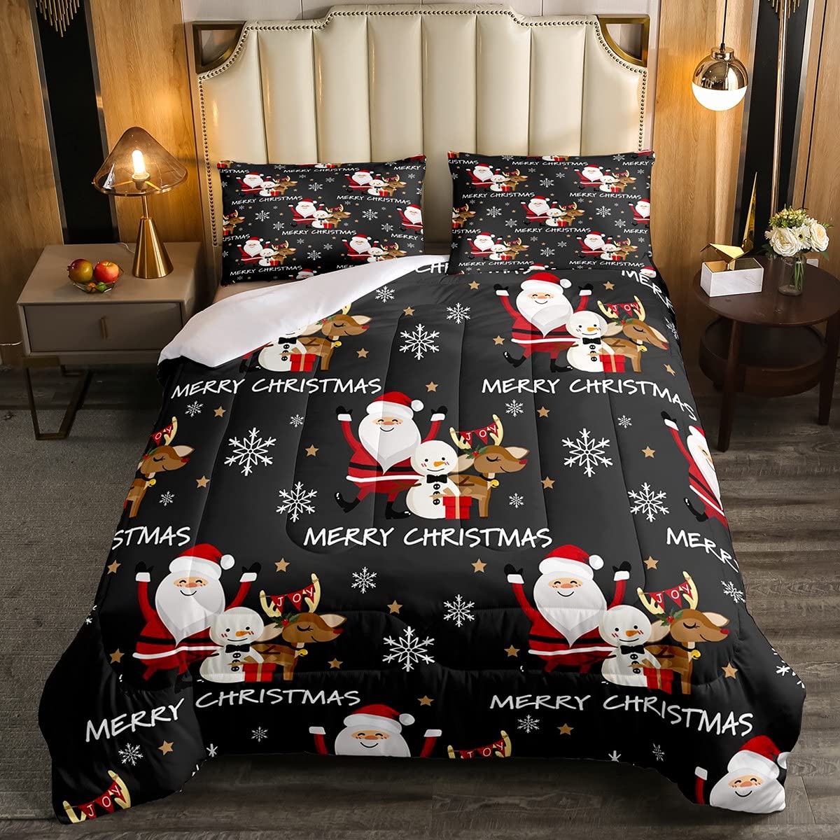 Santa Claus Bedding Set Kids Cartoon Snowman Snowflakes Duvet Insert for Child Boys Girls Cute Reindeer Gift Box Duvet Insert Colorful Xmas Holidays King Size