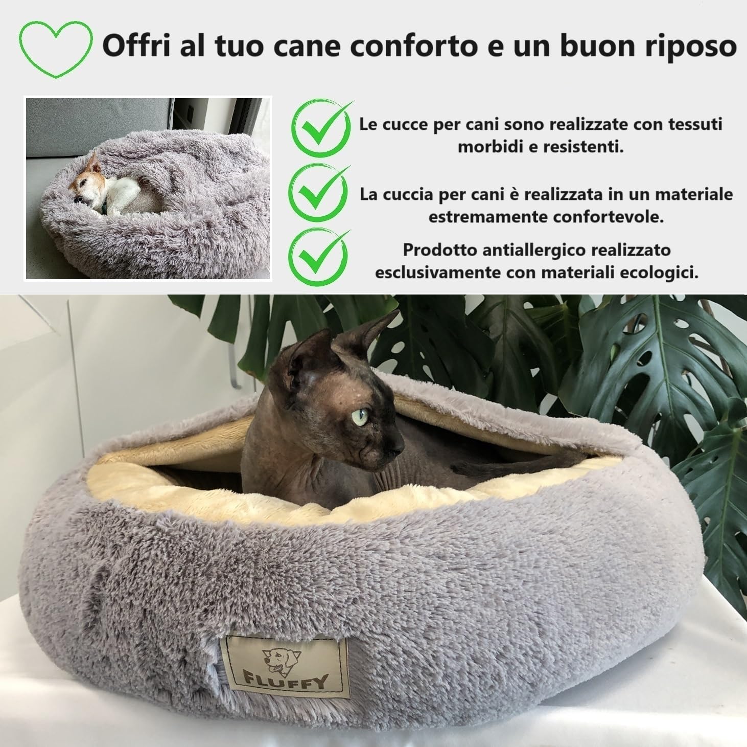 Cuccia per cani calmante soffice peluche per cani di taglia grande, taglia media, lavabile, anti ansia, letto per gatti di piccola taglia per gatti interni, letto a ciambella autoscaldante, XS 50 cm