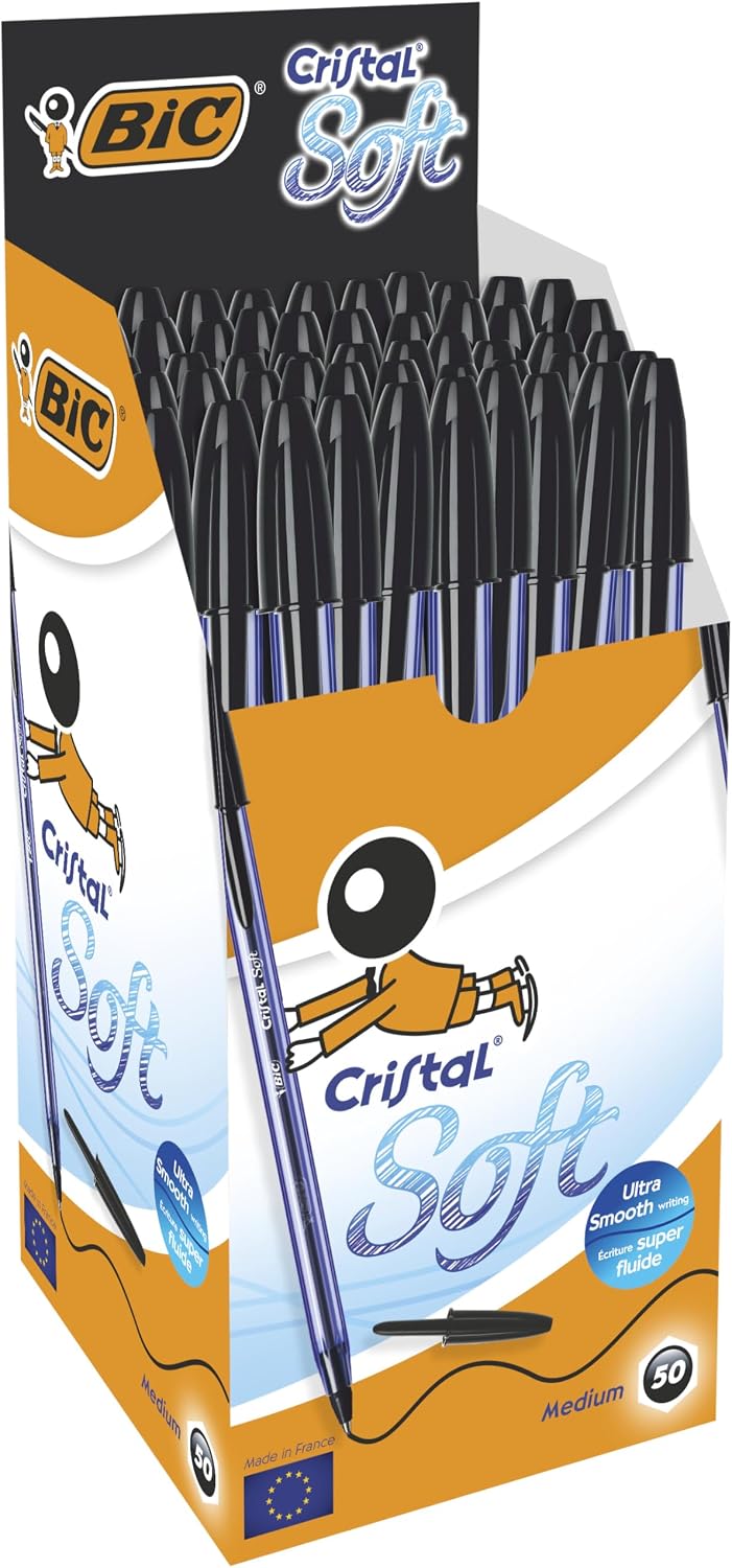 BIC Cristal Soft Tükenmez Kalem, Siyah, 50'li Kutu, 1.2 mm Orta Kalınlıkta Uç, Şeffaf Gövde, Delikli Kapak