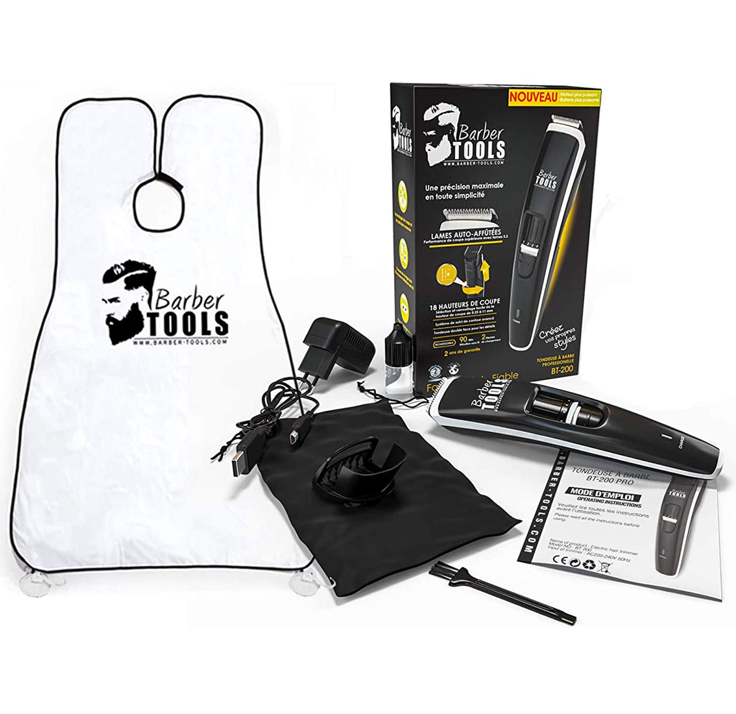 Kit d'entretien barbe et rasage avec tondeuse et bavoir - Cosmetique Made in France BARBER TOOLS
