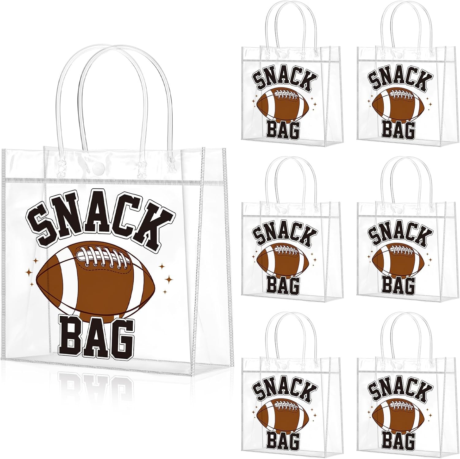 Wesnoy 20 Pcs Football Snack Bags with Handles Reusable Party Favor | Clear Bags for Candy and Treats, Birthday Party Gift Totes, Sports Themed Goodie Pouches, 8 X 8 X 3.15 Inch