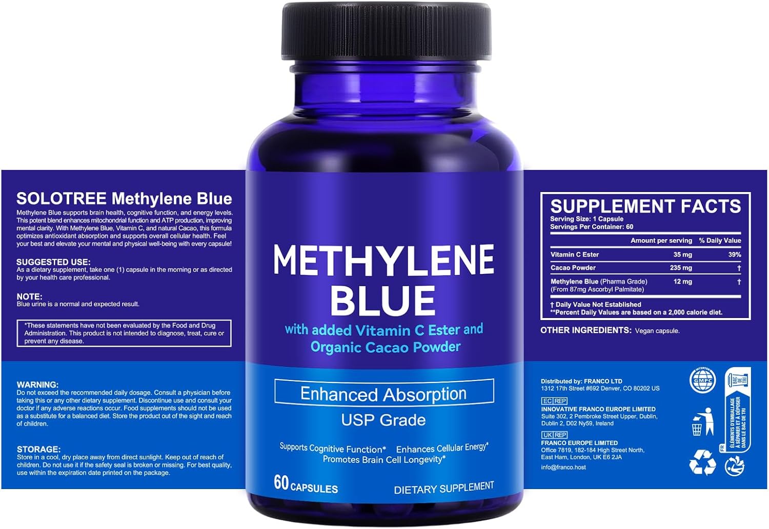 Methylene Blue Capsules, USP Grade Capsule Form Methylene Blue 12 Mg for Human with Added Vitamin C Ester- Supports Cognitive Function & Enhances Absorption, 60 Capsules - Image 2