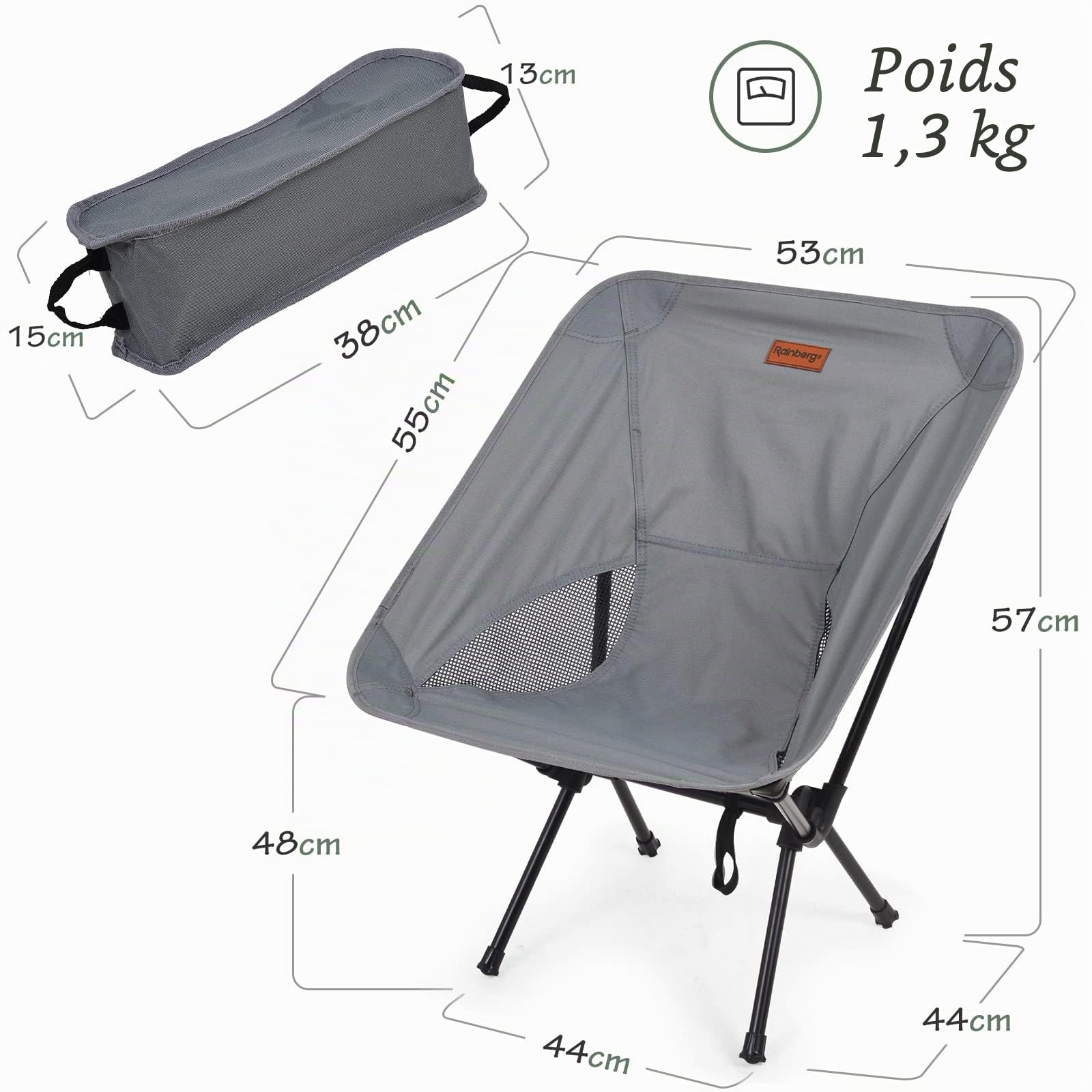 Rainberg Lot de 2 chaises de camping ultra légères pliantes, chaises de camping pour adultes, chaises de jardin pliantes pour pique-nique, barbecue (gris)