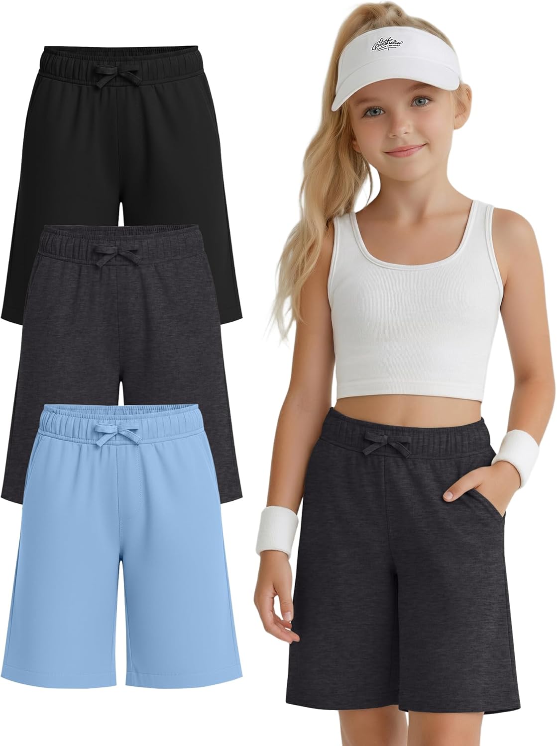3 Pack Girls' Bermuda Shorts Elastic Waistband Athletic Long Shorts Kids Knee Length Summer SweatShorts 5-14 Y