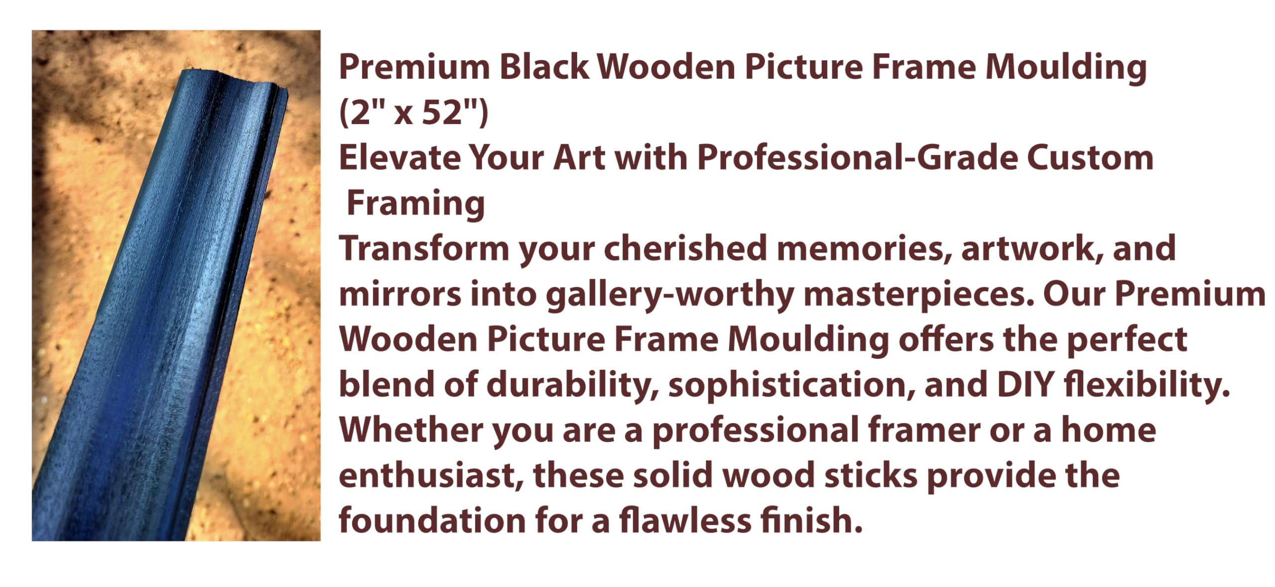 EMPEROR ART GALLERY®Premium Professional Black Wooden Picture Frame Moulding, 2 x 52 Inch, Custom DIY Framing Sticks for Artwork, Gallery-Grade 4