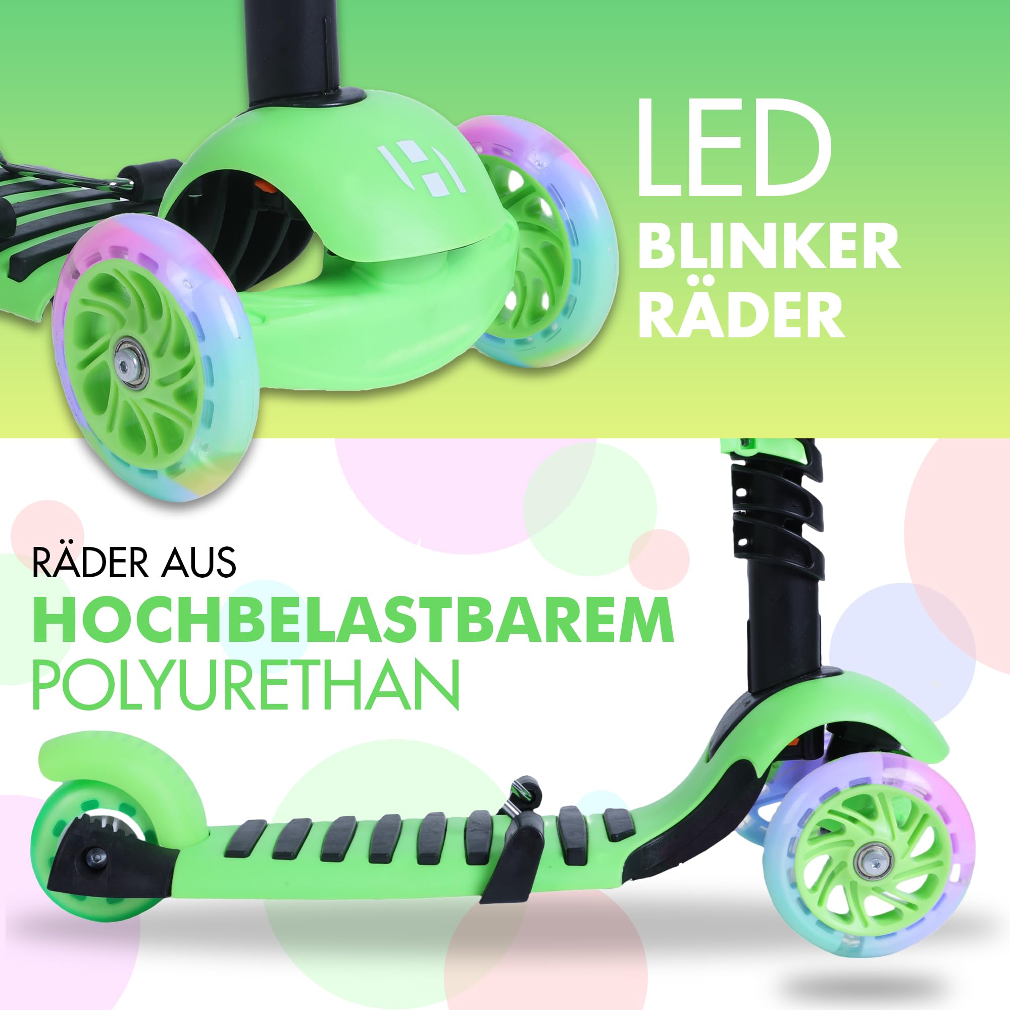 Habib 5-in-1 Kinderroller mit Rückenlehne für Jungen und Mädchen - Abnehmbarer Sitz, LED-Räder, Höheverstellbarer Lenker, Tretroller - Kinder Roller Outdoor Spiel, für 2-8 Jahre Kinder