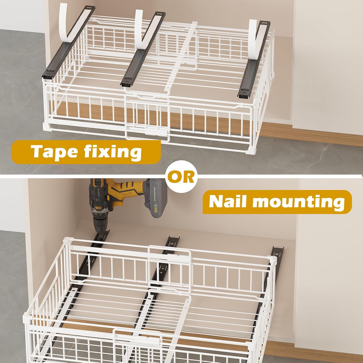 REALINN 2 Pack Pull Out Cabinet Organizer, Expandable(12"-20") Slide Out Drawers 3 Slide Rails Fix with Adhesive or Screw, Roll Out Shelves for Kitchen Cabinet Organization, White, 6.75in height