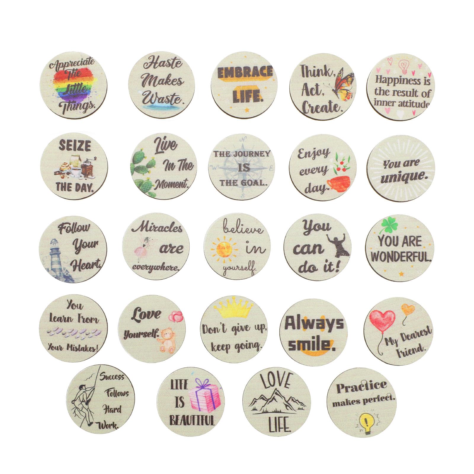 EMSea 24Pcs Lucky Wooden Round Motivation Charms Set including Inspirational Sayings and Colourful Patterns Inspiring Decoration for Friends Colleagues Children English
