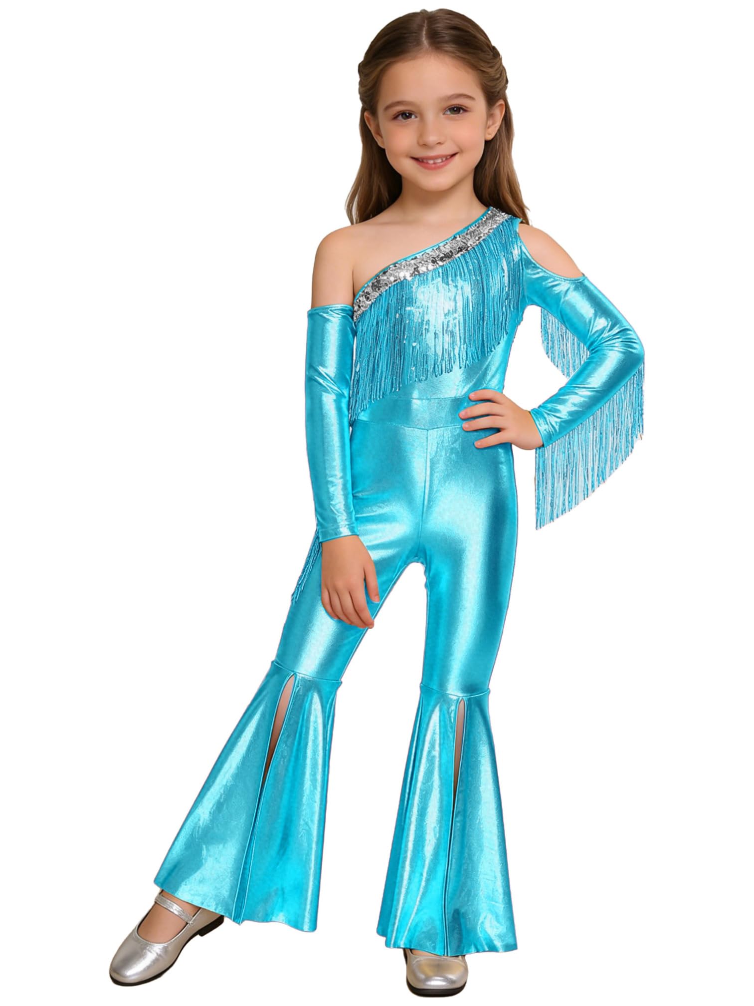 Salopetes metálicos brillantes con flecos azul claro para danza infantil 6