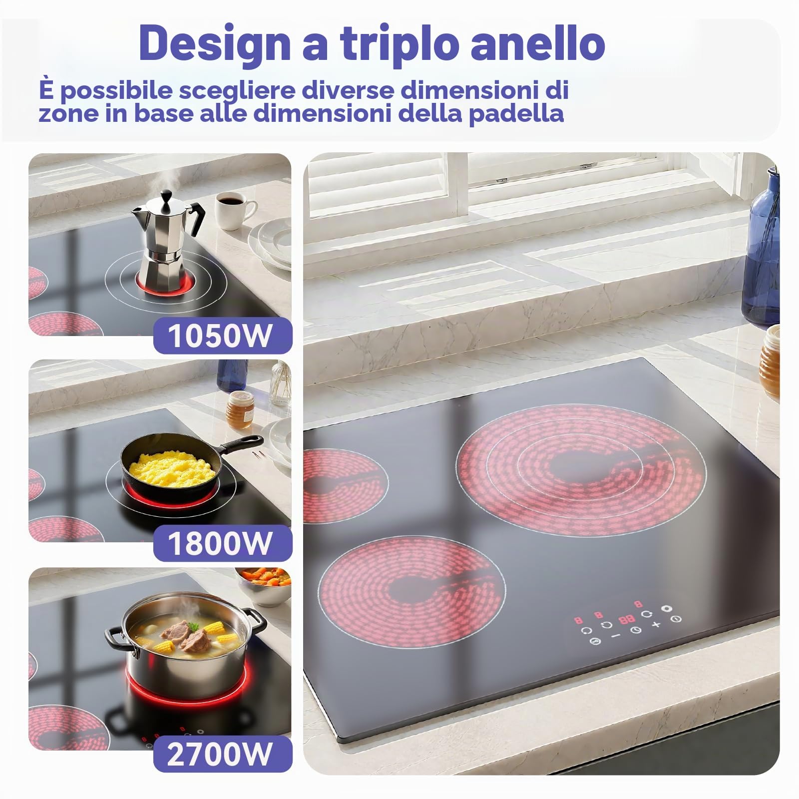 STARCHARTS Piano Cottura Vetroceramica 3 Fuochi 59 cm 5700 W 3 Anelli ILVA. | Incasso, blocco bimbi, 9 livelli, triplo anello, vetro ILVA, facile pulizia, calore residuo, spegnimento auto, 59 cm, 5700 W.