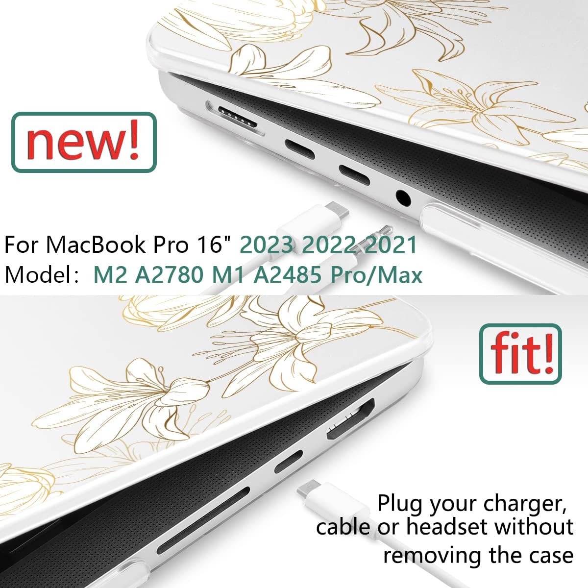 DONGKE for M4 MacBook Pro 16 Inch Case 2024 2023 2021 A3403 A3186 M3 A2991 M2 A2780 M1 A2485 Pro/Max Chip, Plastic Hard Shell Case & Keyboard Cover for Mac Pro 16 with Touch ID, Gold Floral - Image 2