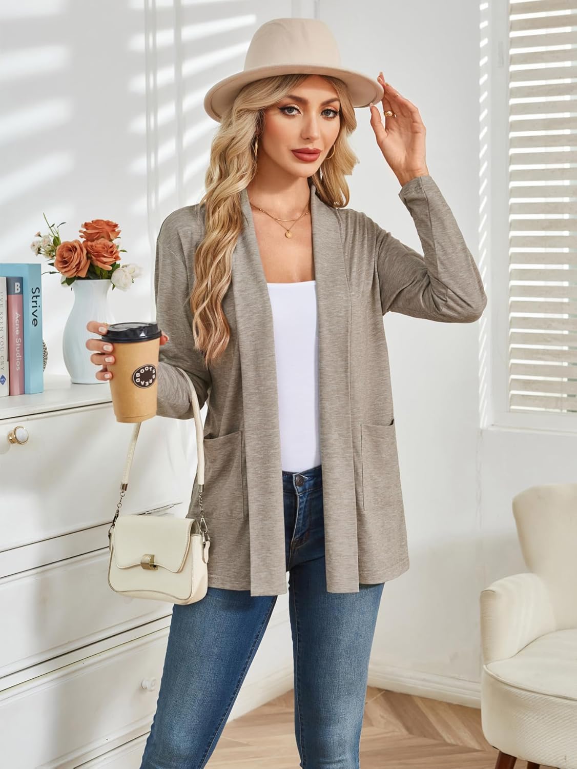 Besshopie Women's Lightweight Cardigan Long Sleeve Open Front Fall Sweater Dusters Shrugs with Pocket - Image 6