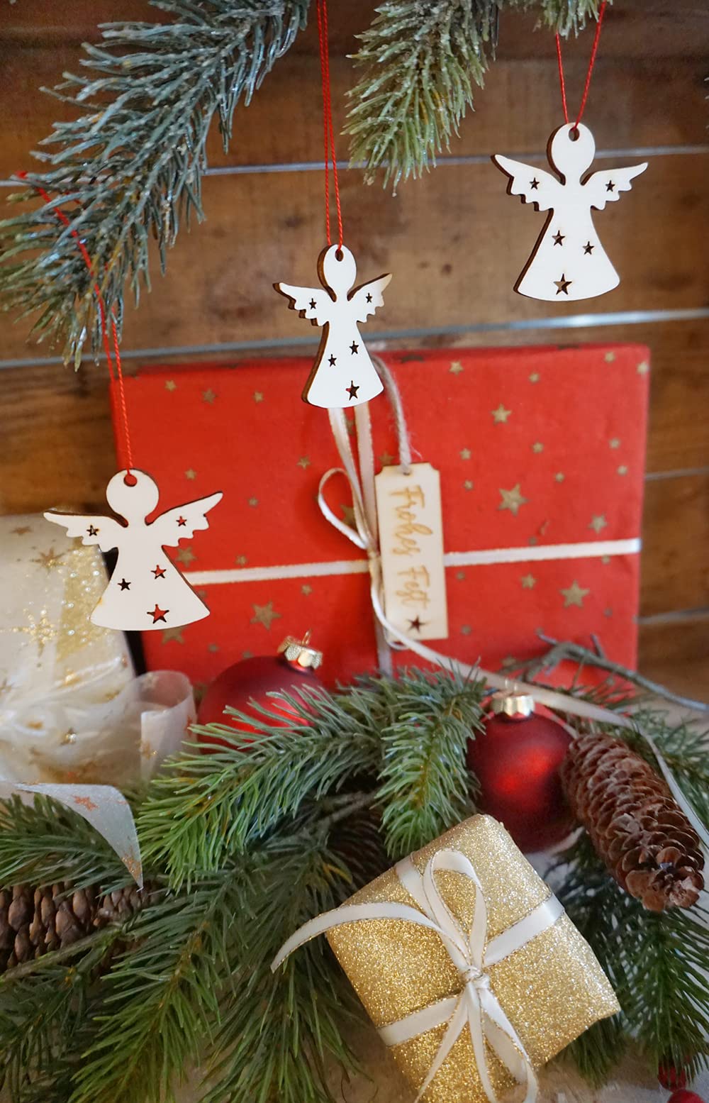 6 Holz-Engel Anhänger Für Weihnachtsbaum - Rot, Weiß & Natur, 5cm Mit Aufhängekordel