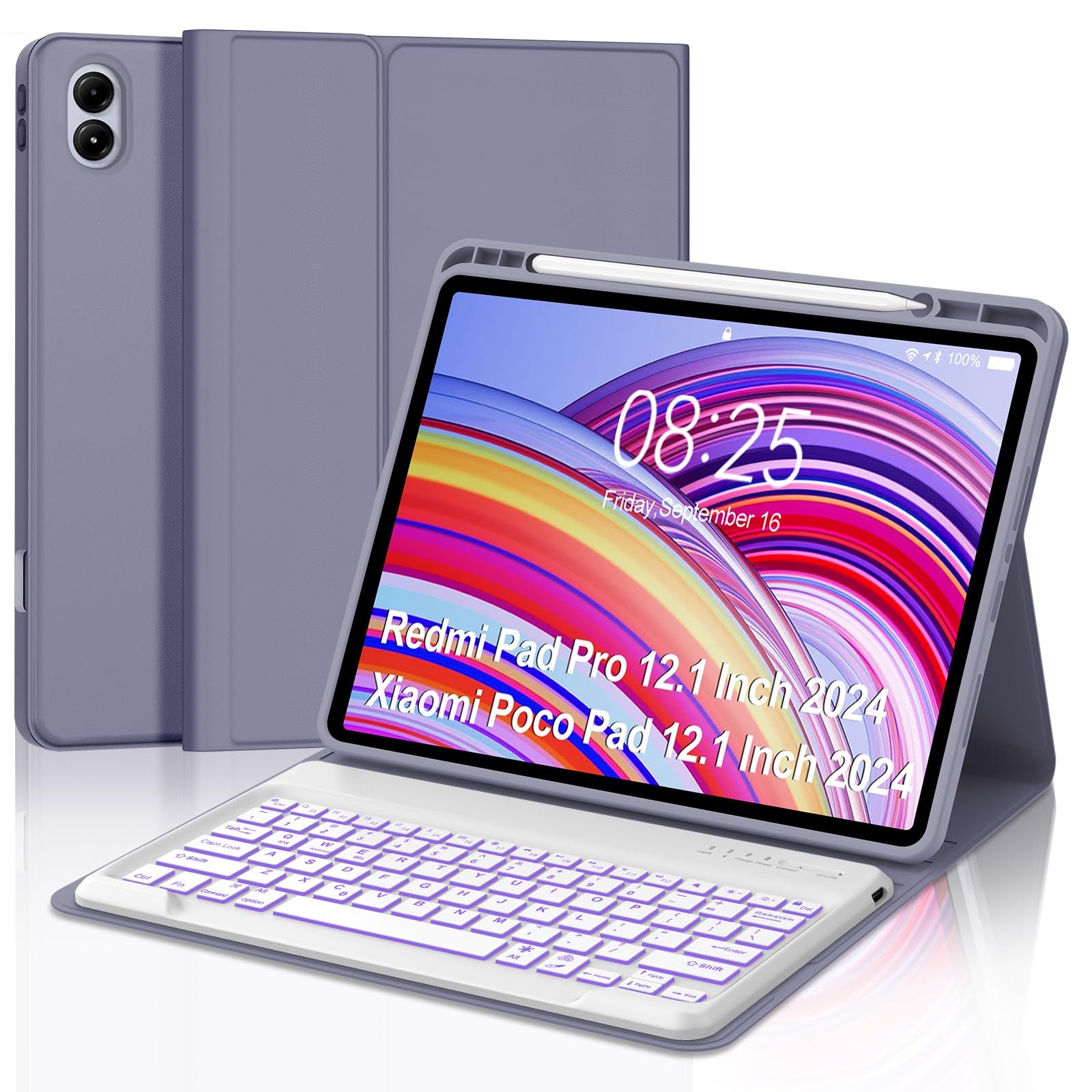 Keyboard Case for Redmi Pad Pro / Xiaomi Poco Pad 12.1 Inch Case with Backlit Keypad, Detachable Wireless Key Board Cover with Pen Holder for Xiaomi Redmi Pro 12.1" 2024, 7-Color Backlight, Lavender