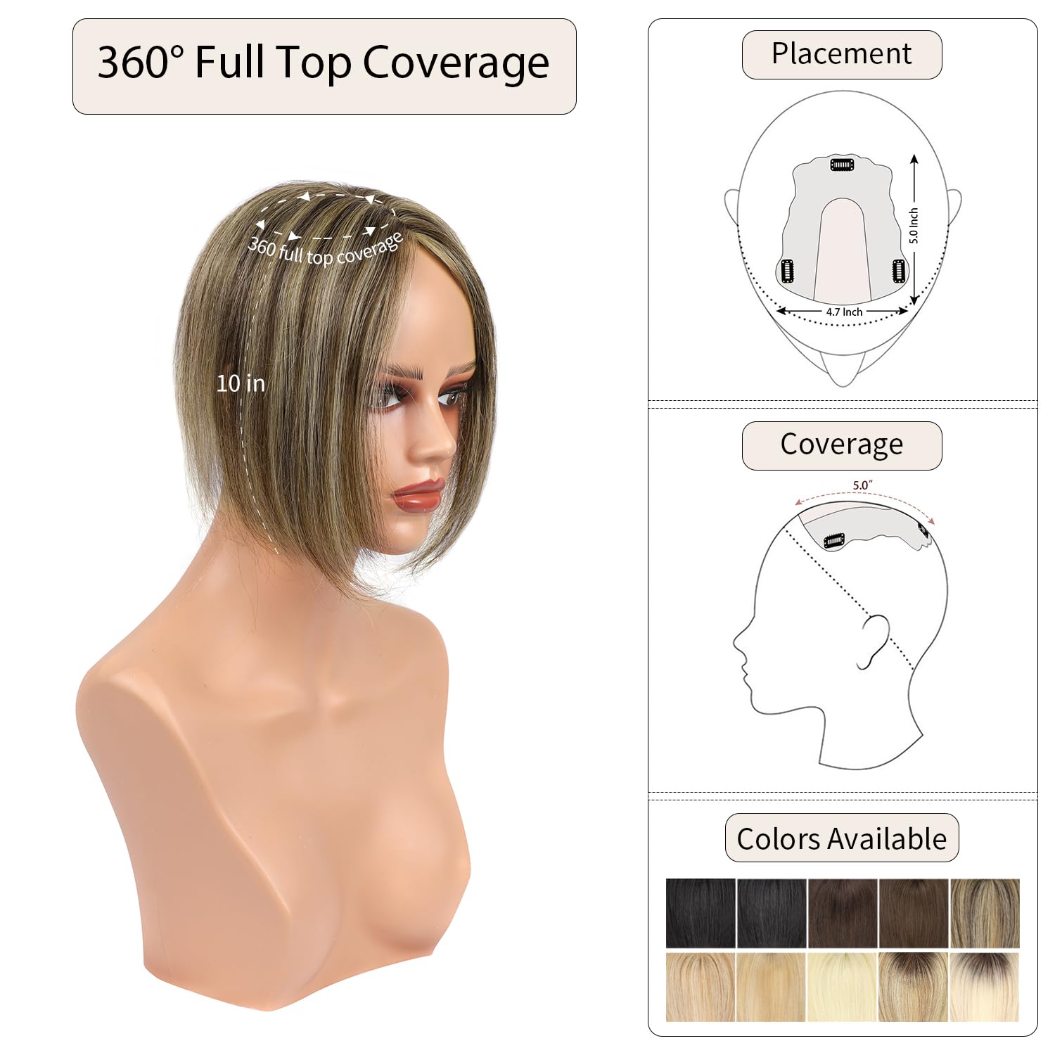 Human Hair Topper 10 Inch Upgraded Lace Base 4.7x5.0 Inch Hair Toppers for Women Real Human Hair Hair Piece for Women with Thinning Hair Medium Brown with Warm Blonde Highlights