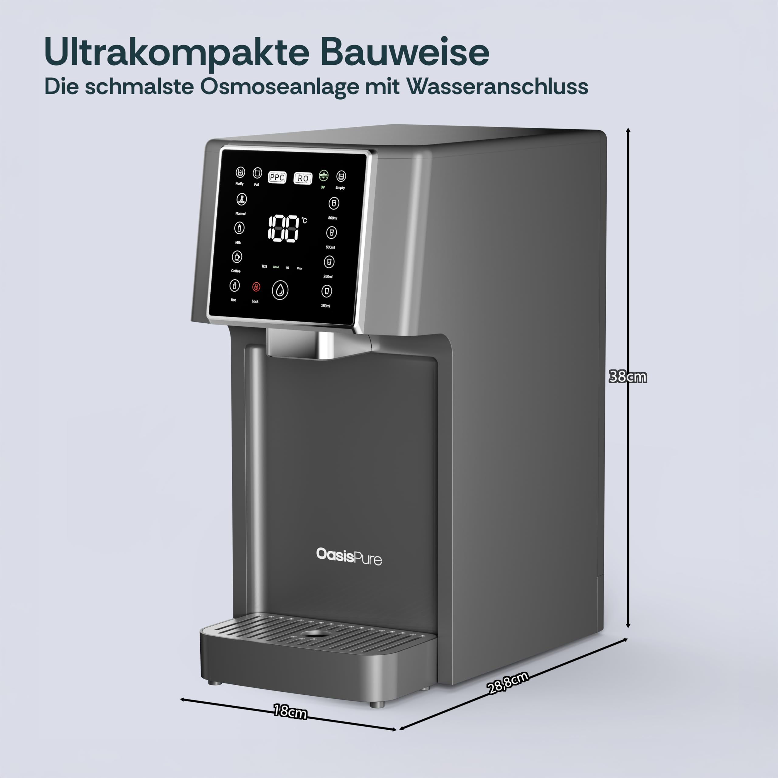 Slim Osmoseanlage Trinkwasser Auftisch Direct Flow Umkehrosmoseanlage Heißwasserspender 4 Temperaturstufen 3S-Heizung Kalkfilter UV